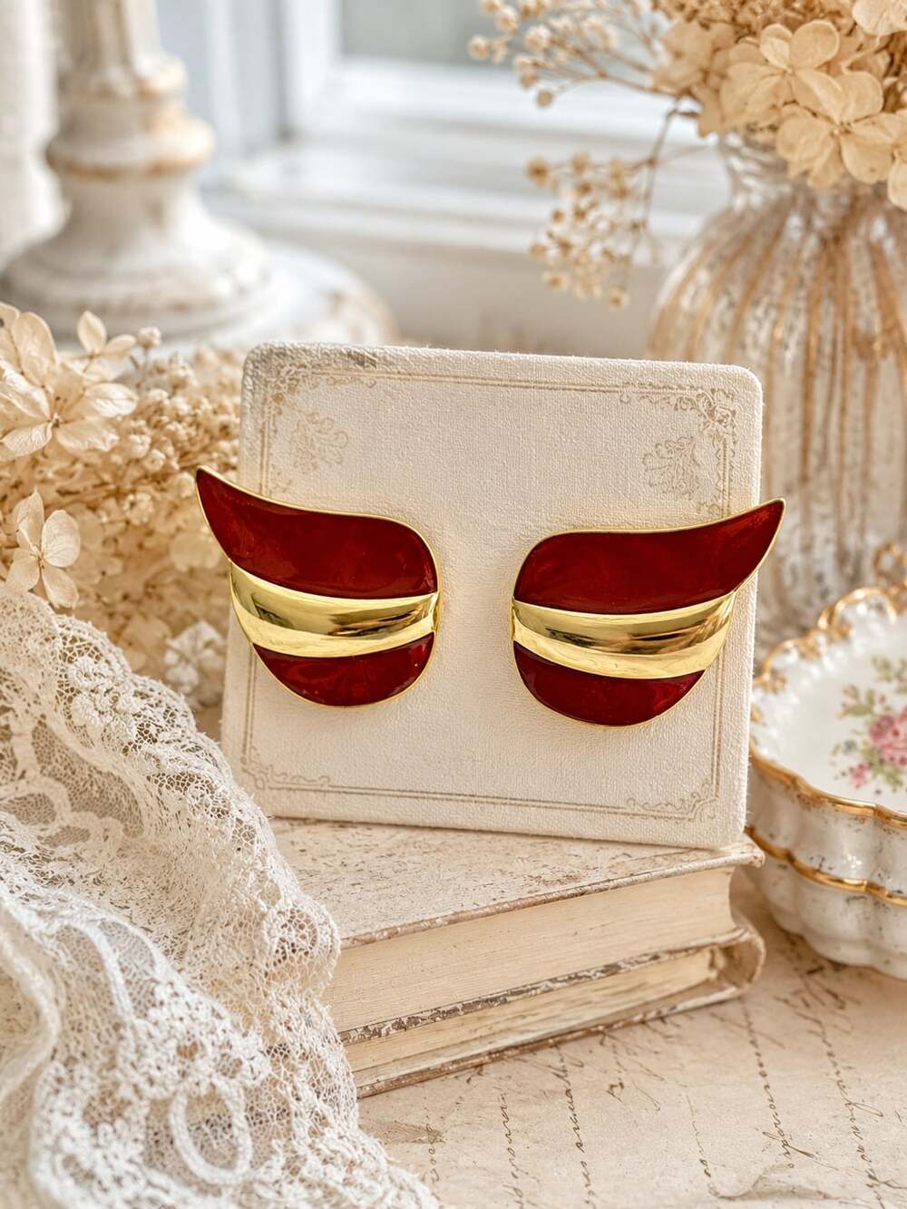 Vintage Monet Red Enamel and Gold Plated Clip-On Earrings